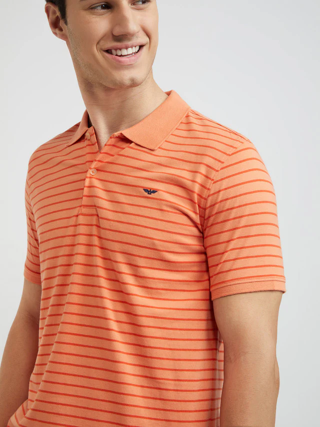 Men Orange Slim Fit Print Cotton Polyester Blend Round Neck Collar Polo T-Shirt - Image 7