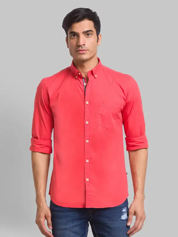 Men Orange Slim Fit Solid Cotton Blend Full Sleeve Shirts