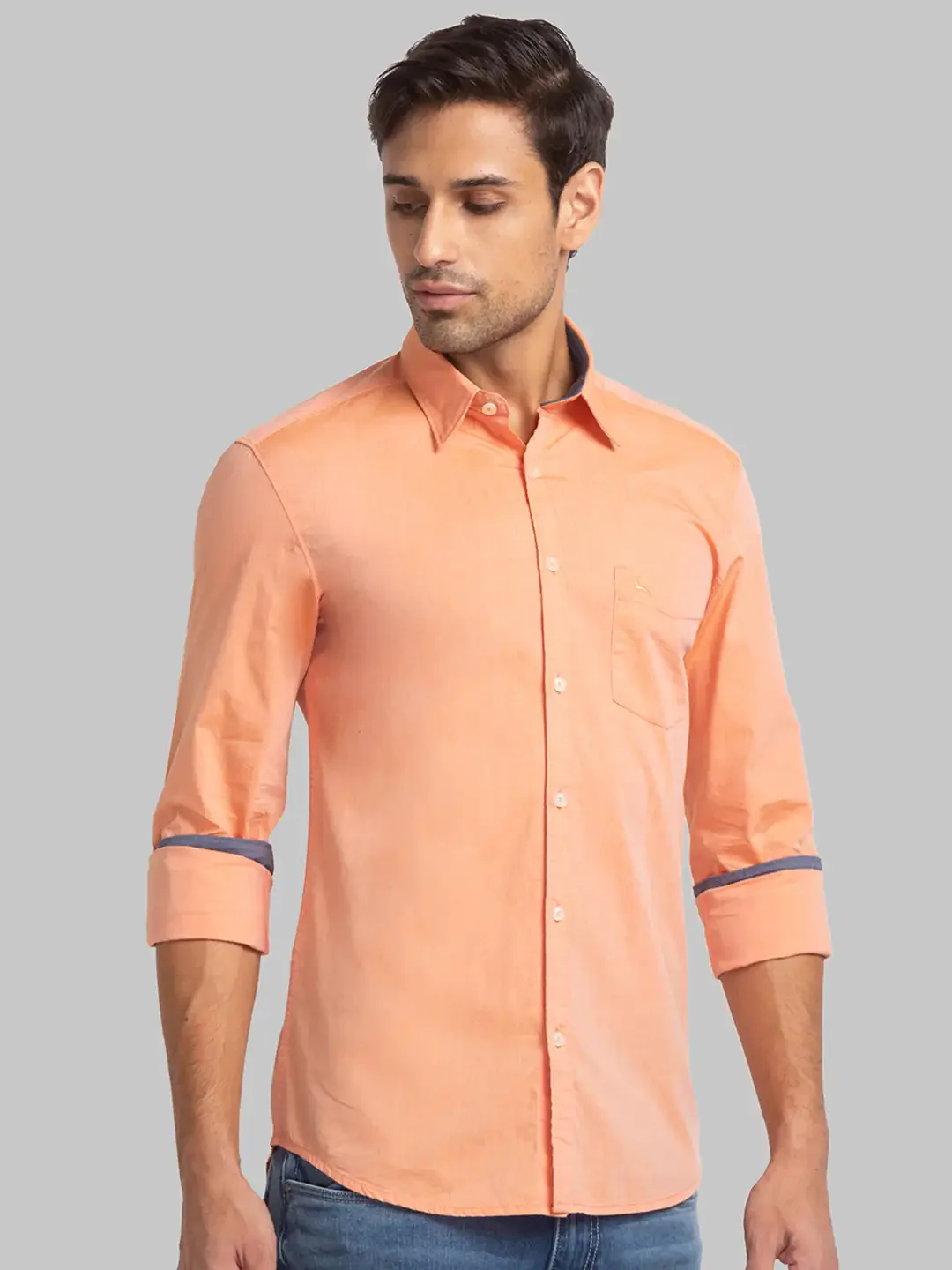 Men Orange Slim Fit Solid Cotton Full Sleeve Shirts - Image 2