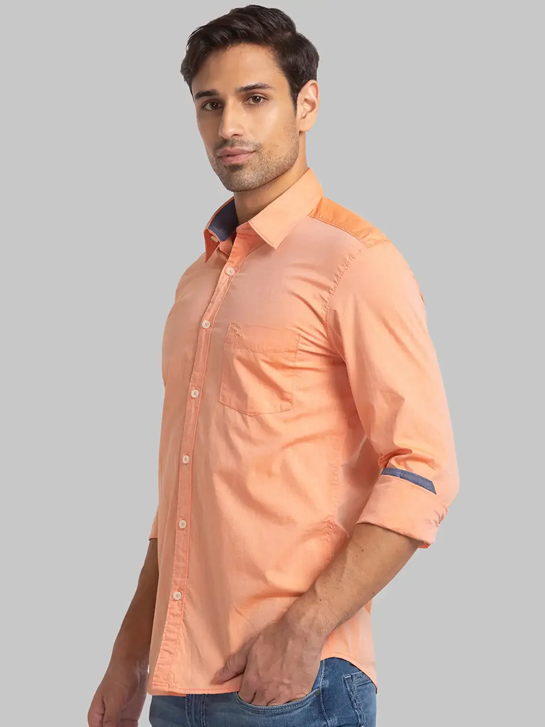 Men Orange Slim Fit Solid Cotton Full Sleeve Shirts - Image 3