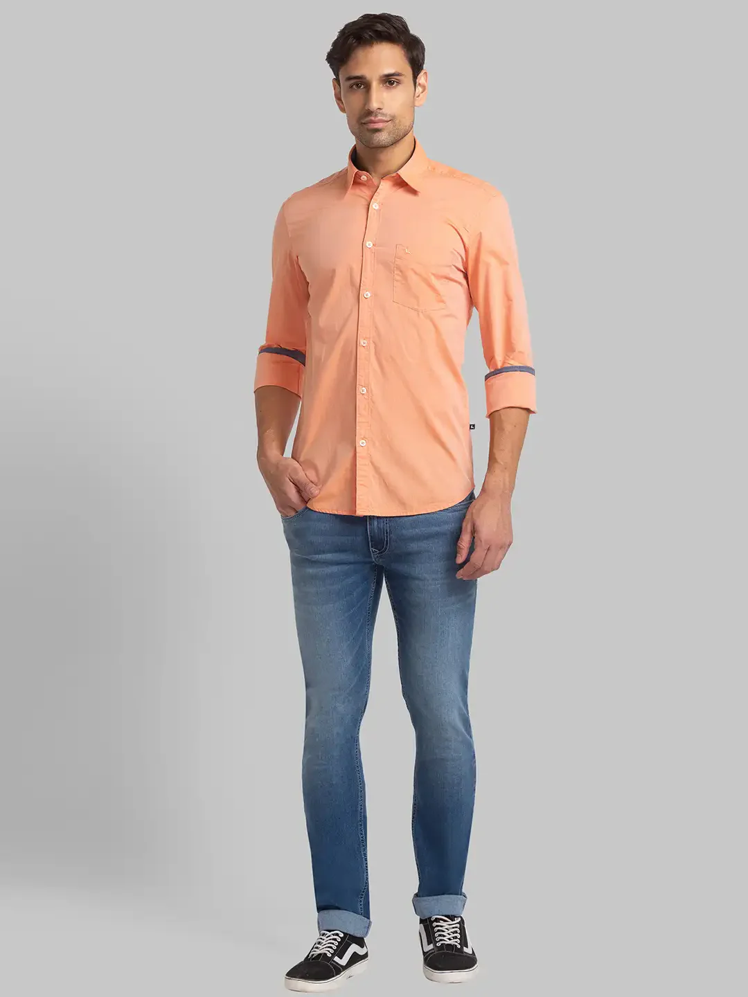 Men Orange Slim Fit Solid Cotton Full Sleeve Shirts - Image 5