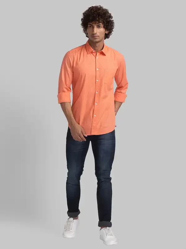 Men Orange Slim Fit Solid Cotton Full Sleeve Shirts - Image 5