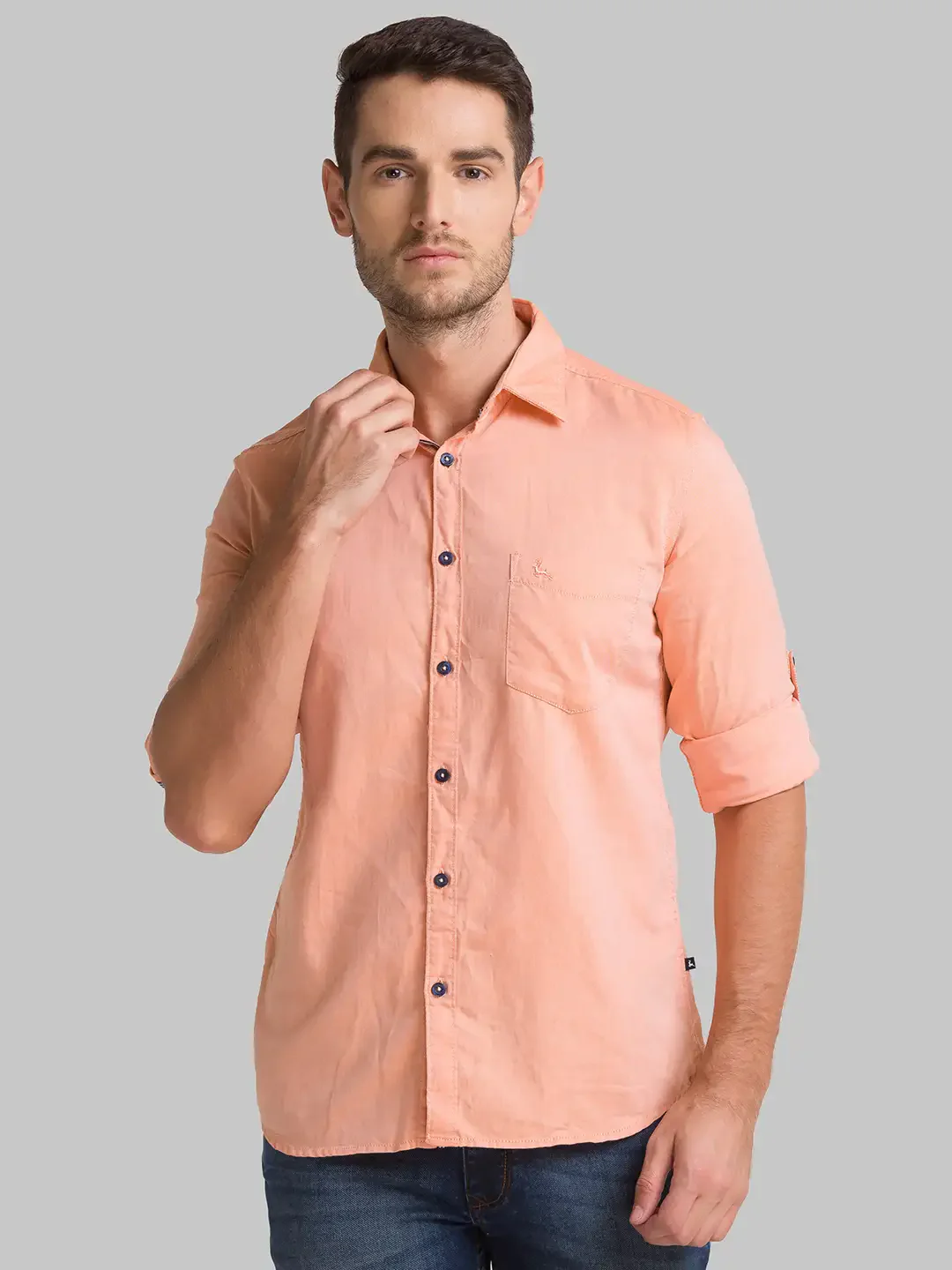 Men Orange Slim Fit Solid Cotton Full Sleeve Shirts