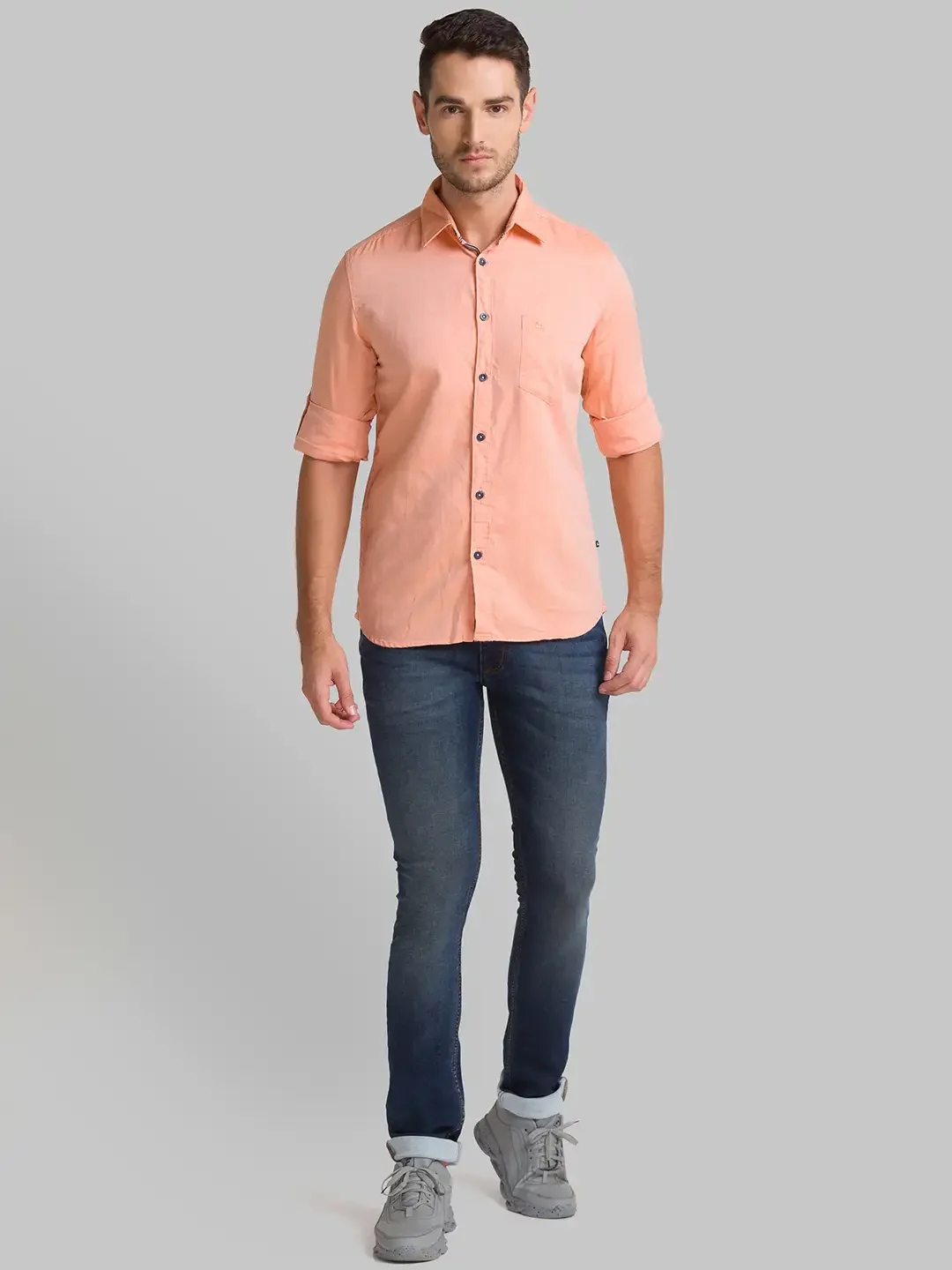 Men Orange Slim Fit Solid Cotton Full Sleeve Shirts - Image 5