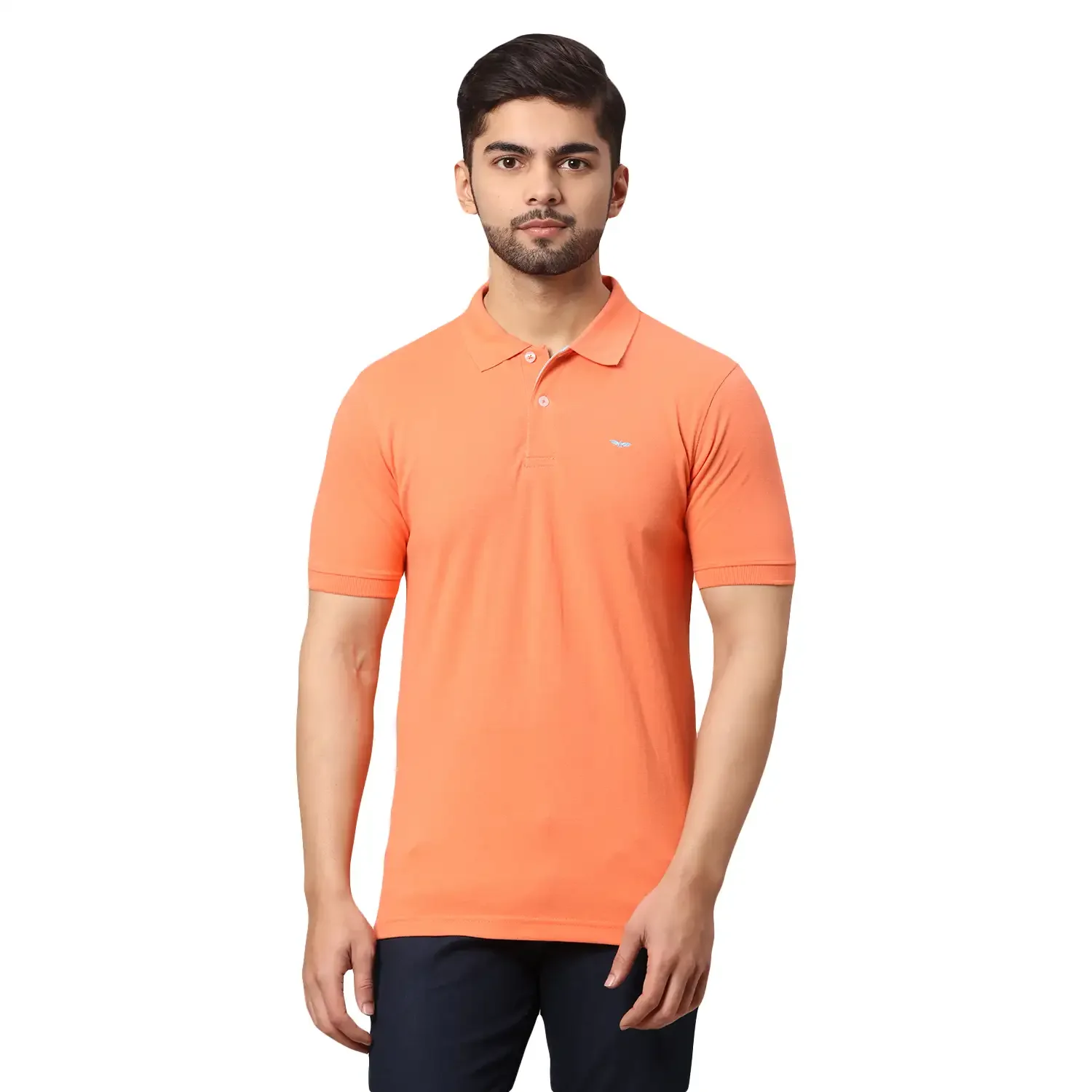 Men Orange Slim Fit Solid Cotton Polyester Blend Round Neck Collar Polo T-Shirt