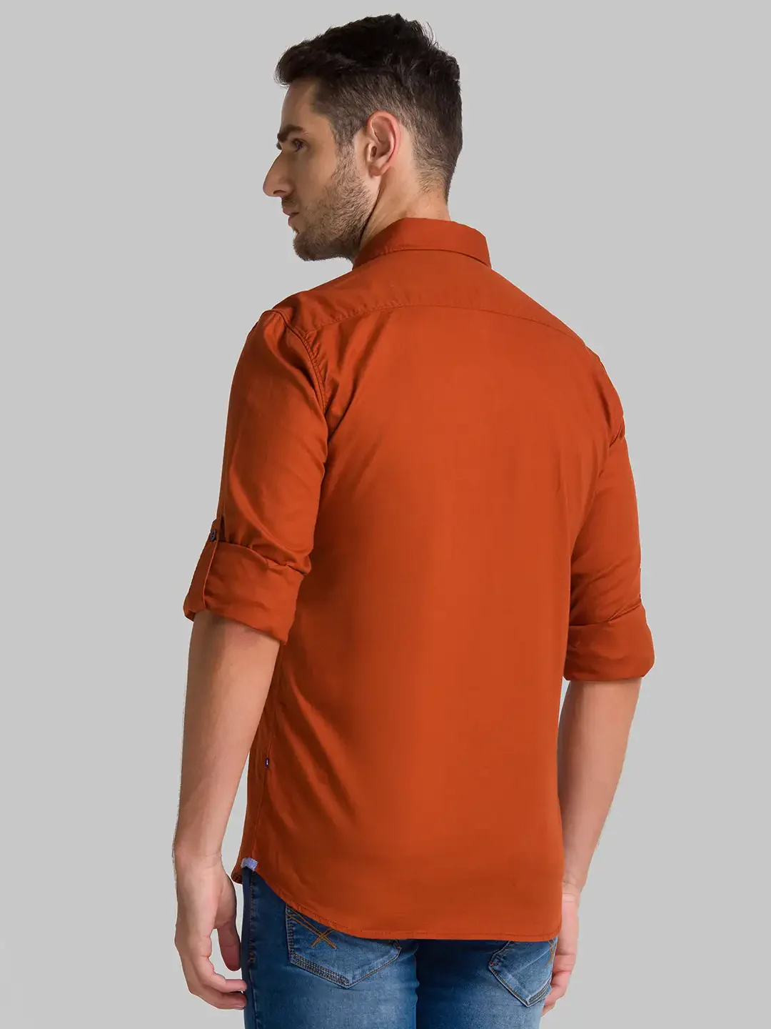 Men Orange Slim Fit Solid-Dobby Cotton Full Sleeve Shirts - Image 3