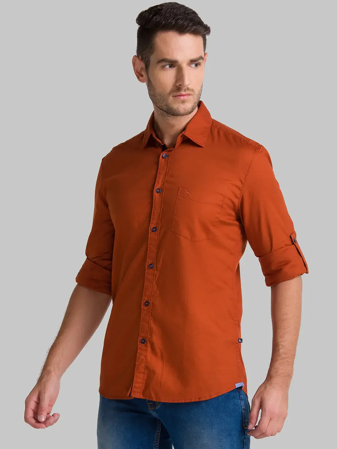 Men Orange Slim Fit Solid-Dobby Cotton Full Sleeve Shirts - Image 7