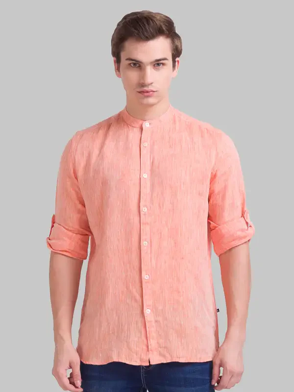 Men Orange Slim Fit Solid Linen Full Sleeve Shirts