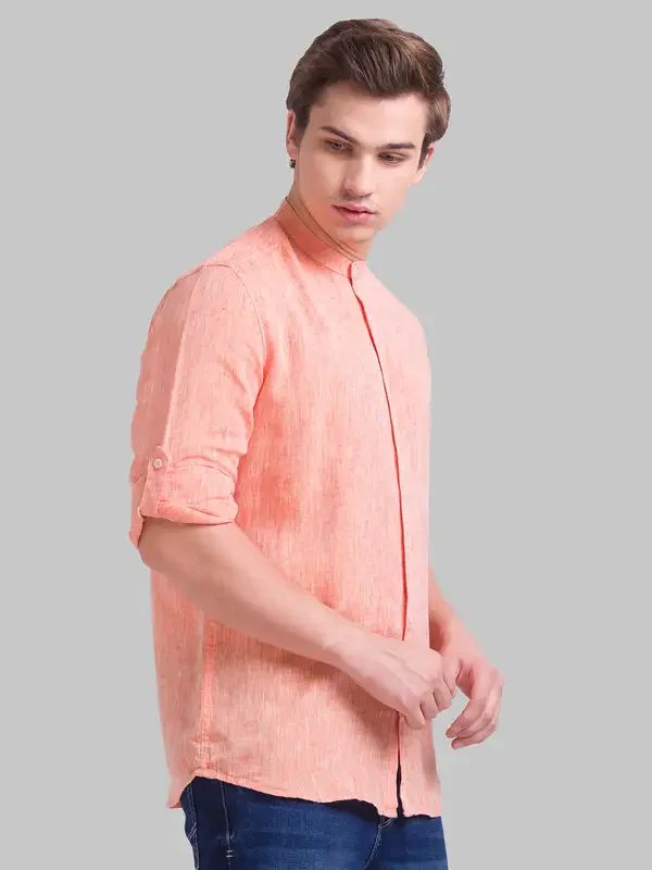 Men Orange Slim Fit Solid Linen Full Sleeve Shirts - Image 2