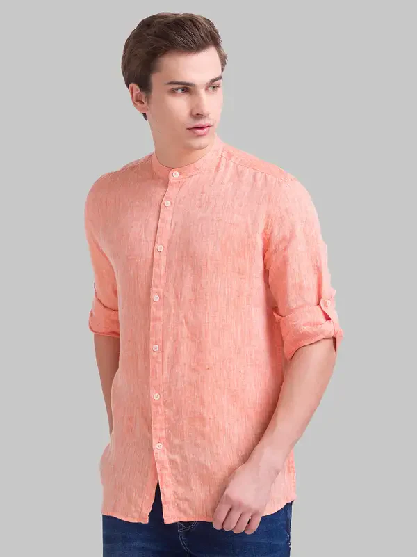 Men Orange Slim Fit Solid Linen Full Sleeve Shirts - Image 3