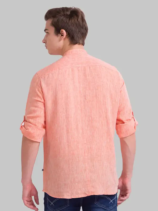 Men Orange Slim Fit Solid Linen Full Sleeve Shirts - Image 4
