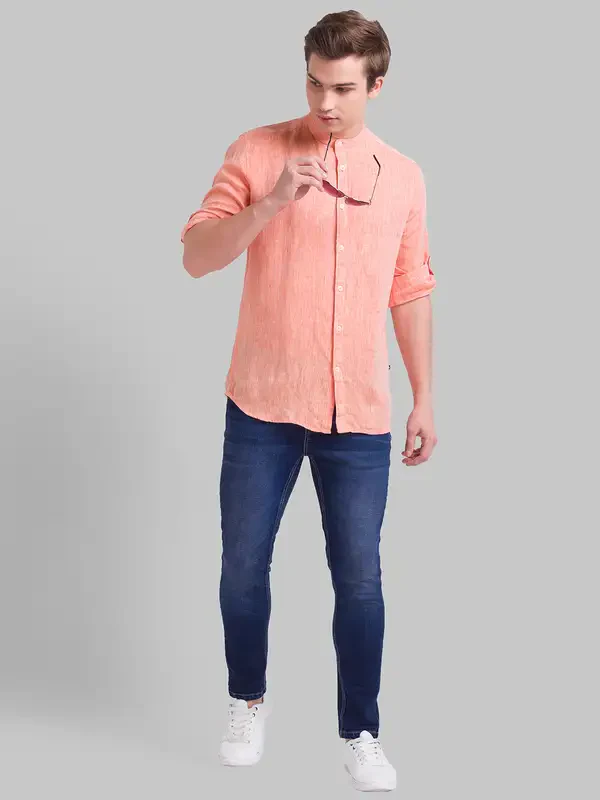 Men Orange Slim Fit Solid Linen Full Sleeve Shirts - Image 5