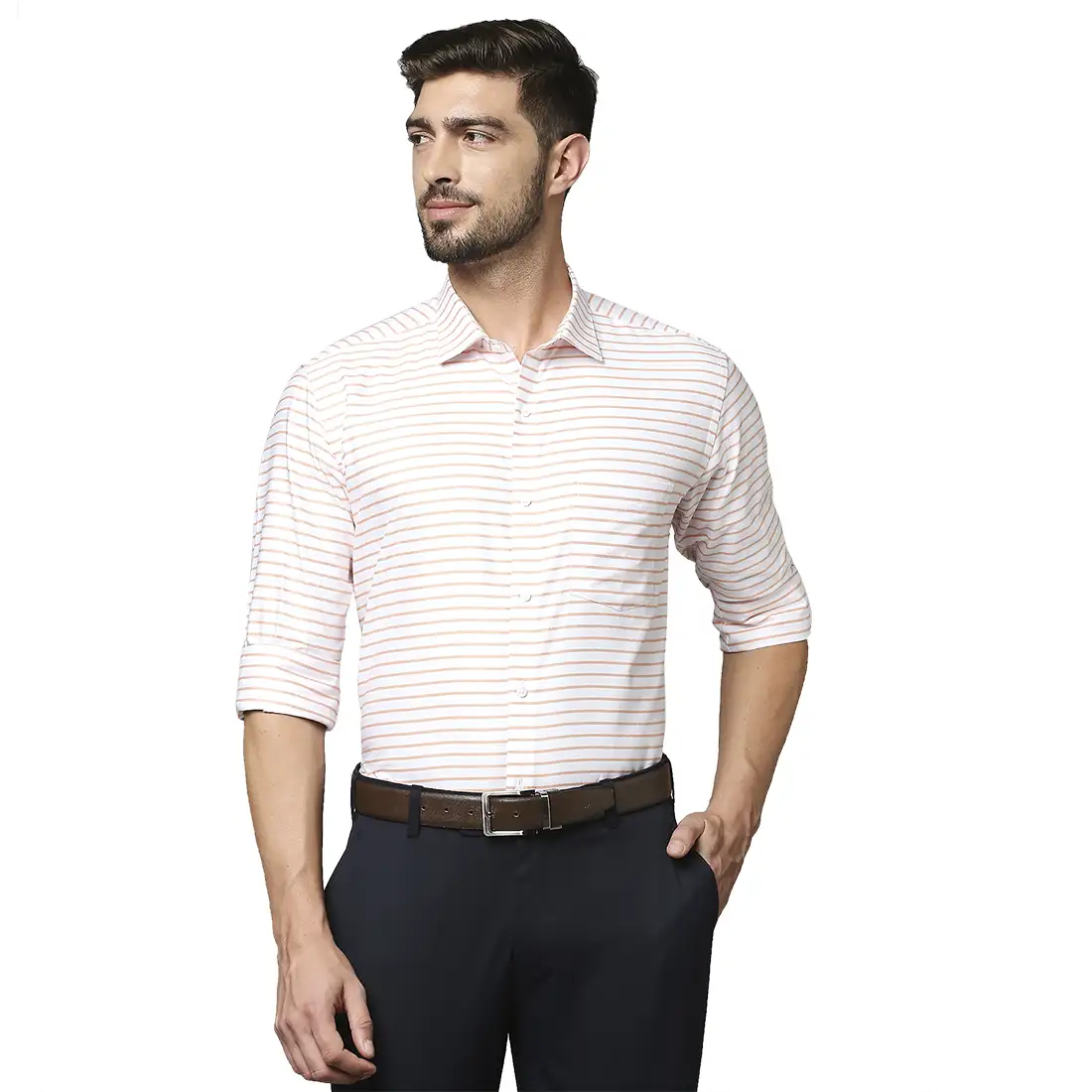 Men Orange Slim Fit Stripe Cotton Shirts