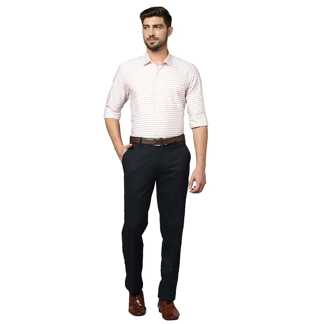 Men Orange Slim Fit Stripe Cotton Shirts - Image 5