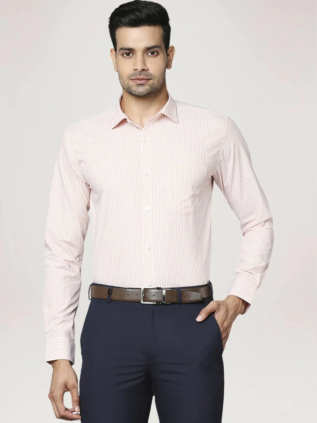 Men Orange Slim Fit Stripe Cotton Shirts - Image 4