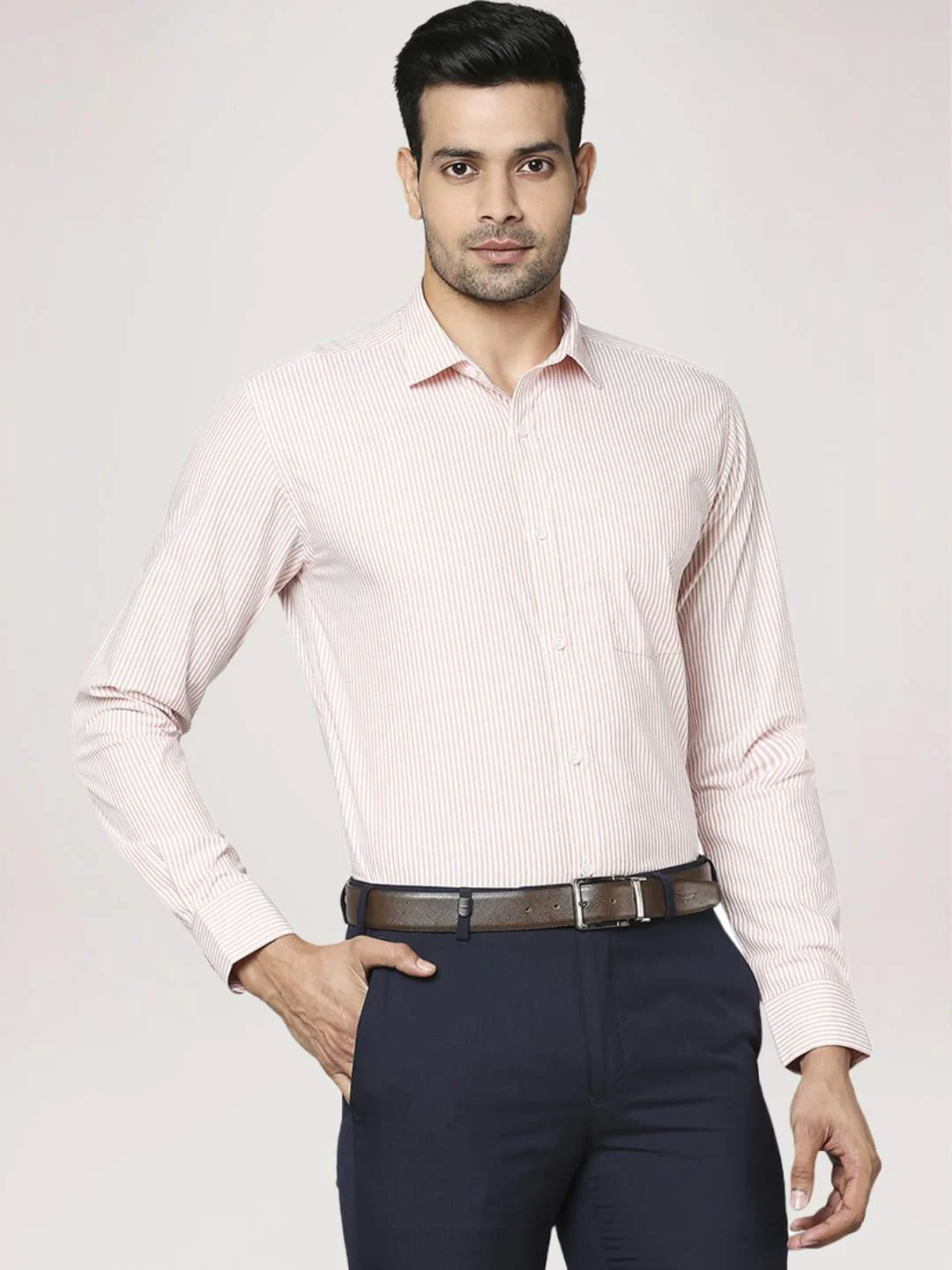 Men Orange Slim Fit Stripe Cotton Shirts - Image 5