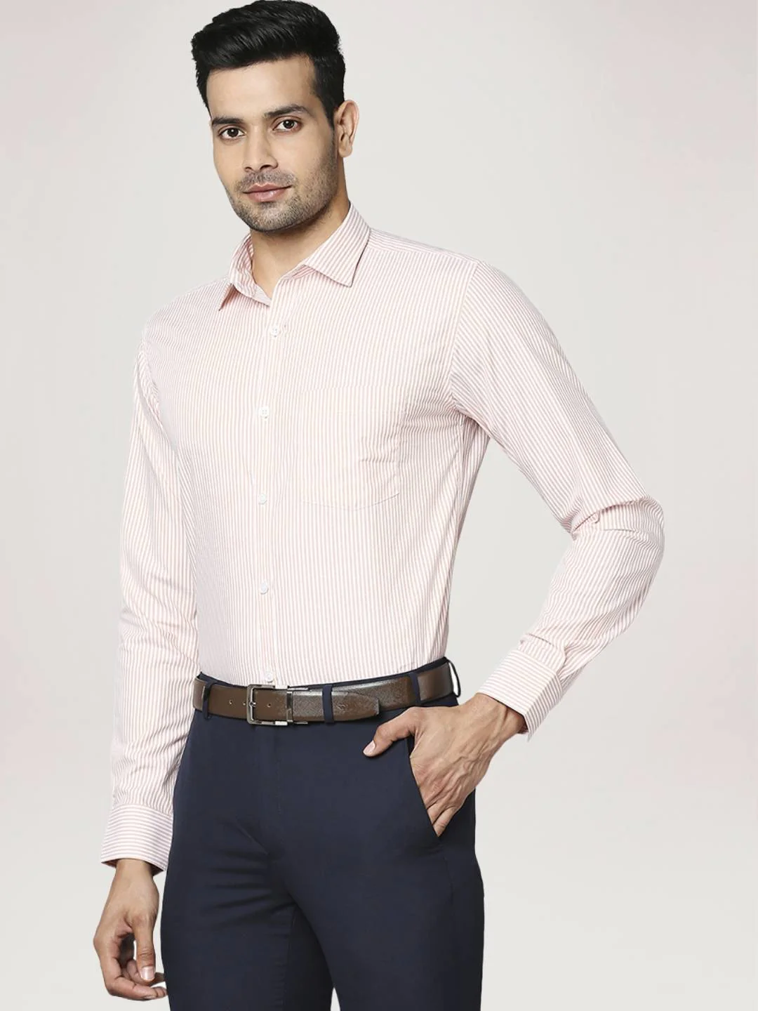 Men Orange Slim Fit Stripe Cotton Shirts - Image 6