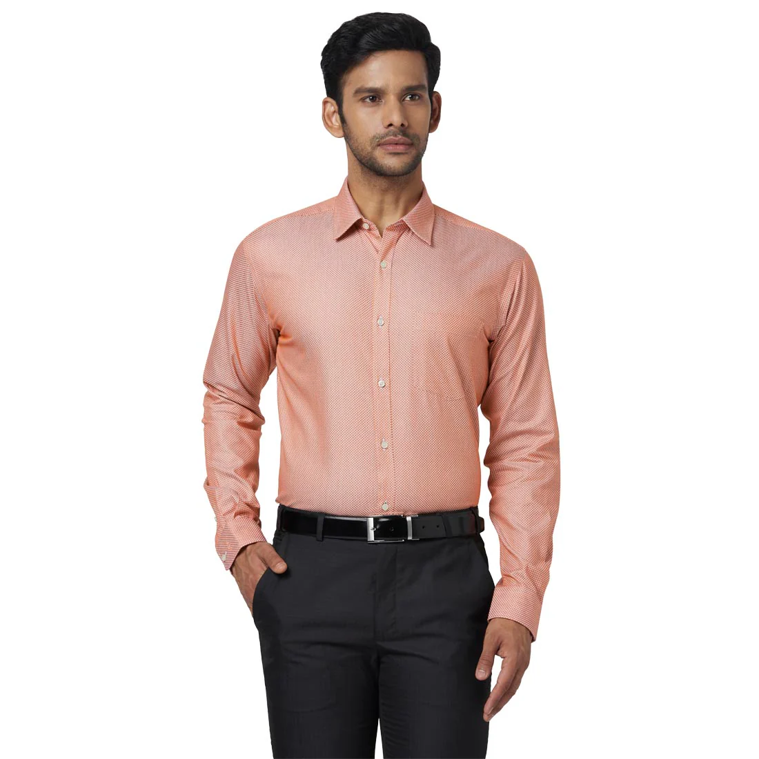 Men Orange Slim Fit Structure Cotton Ainsley Collar Shirts