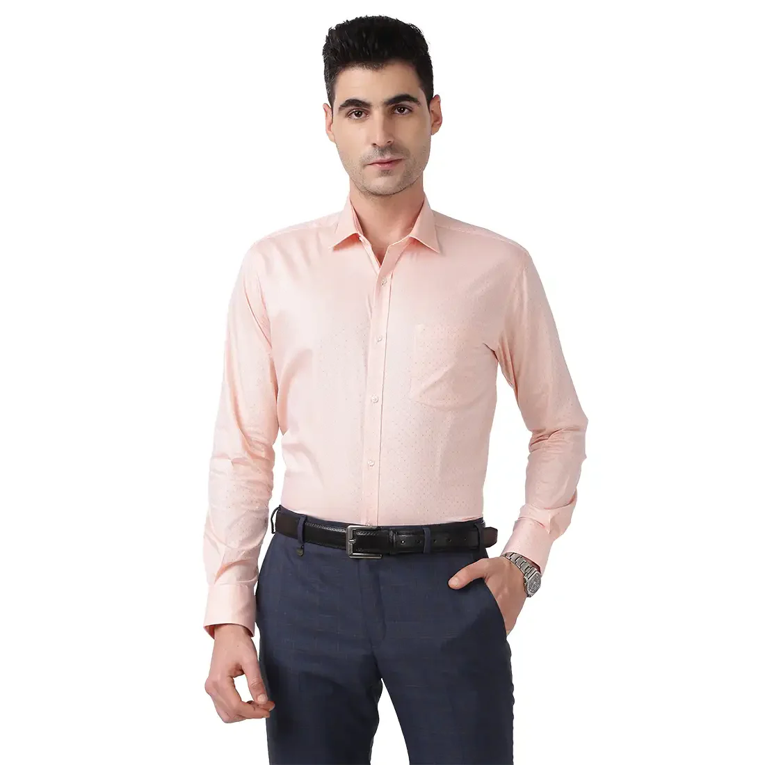 Men Orange Slim Fit Structure Cotton Shirts