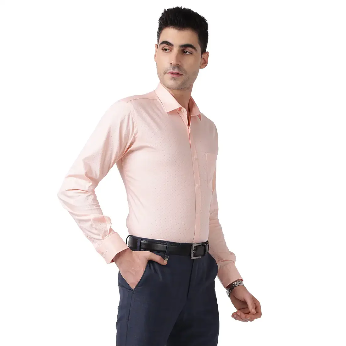 Men Orange Slim Fit Structure Cotton Shirts - Image 2