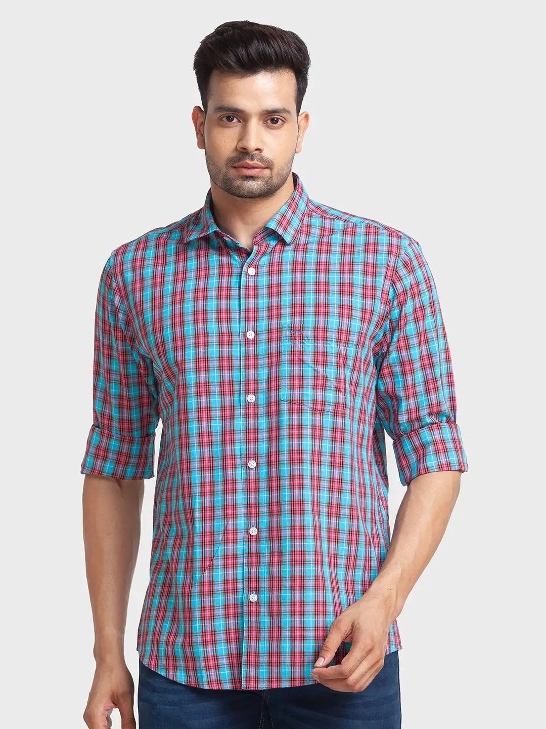 Colorplus Men Blue Checks Tailored Fit Viscose Blend Casual Shirt