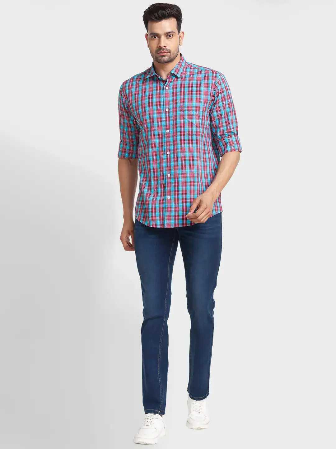 Colorplus Men Blue Checks Tailored Fit Viscose Blend Casual Shirt - Image 5