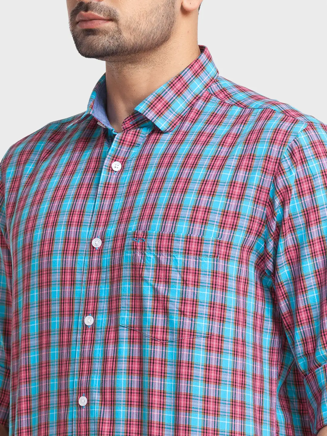 Colorplus Men Blue Checks Tailored Fit Viscose Blend Casual Shirt - Image 6