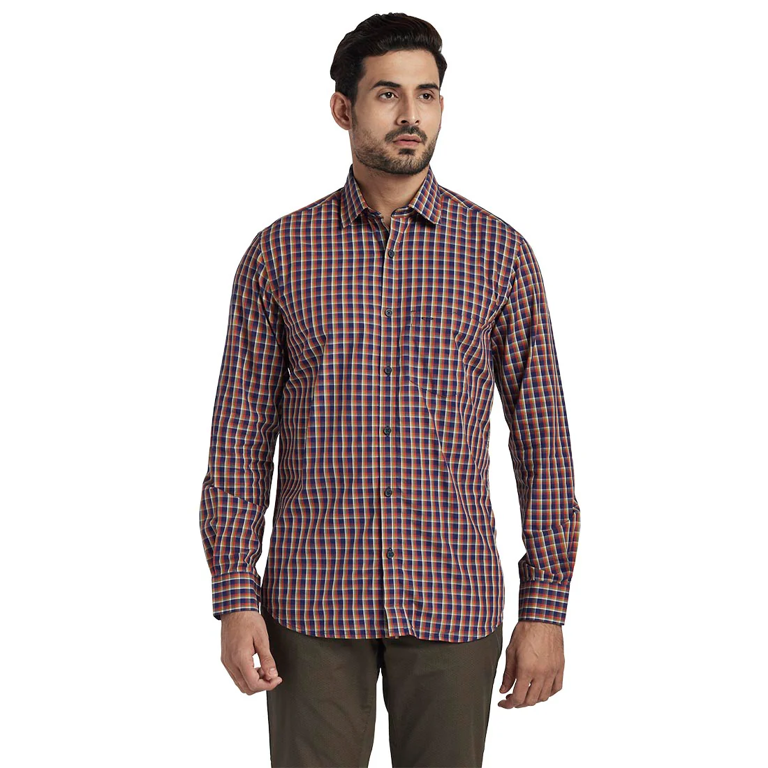 Men Orange Tailored Fit Checks Cotton Full Sleeve Shirts