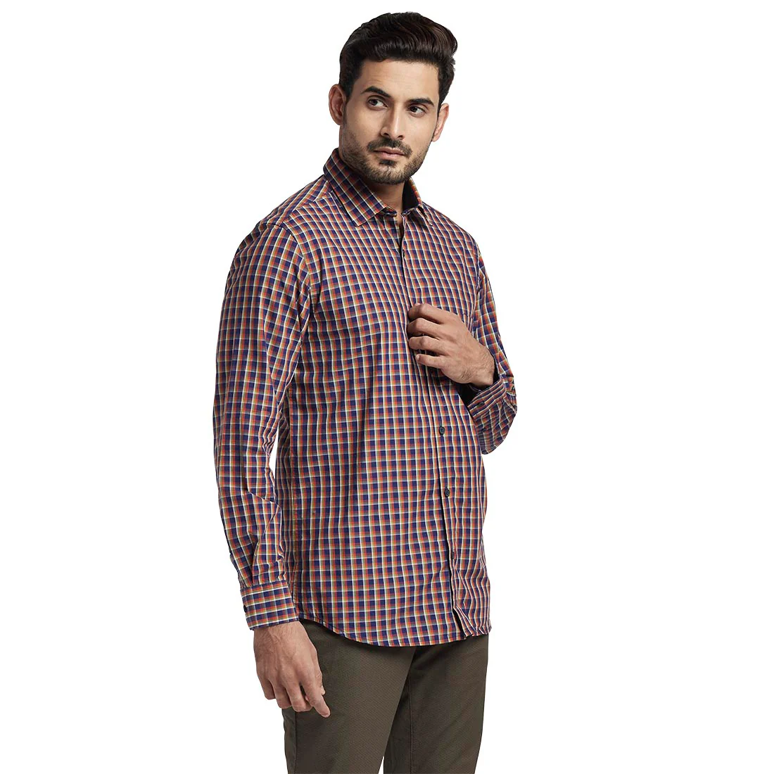 Men Orange Tailored Fit Checks Cotton Full Sleeve Shirts - Image 2