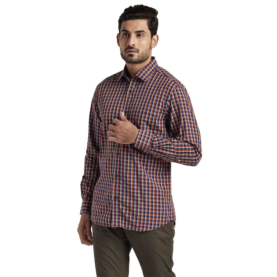Men Orange Tailored Fit Checks Cotton Full Sleeve Shirts - Image 3