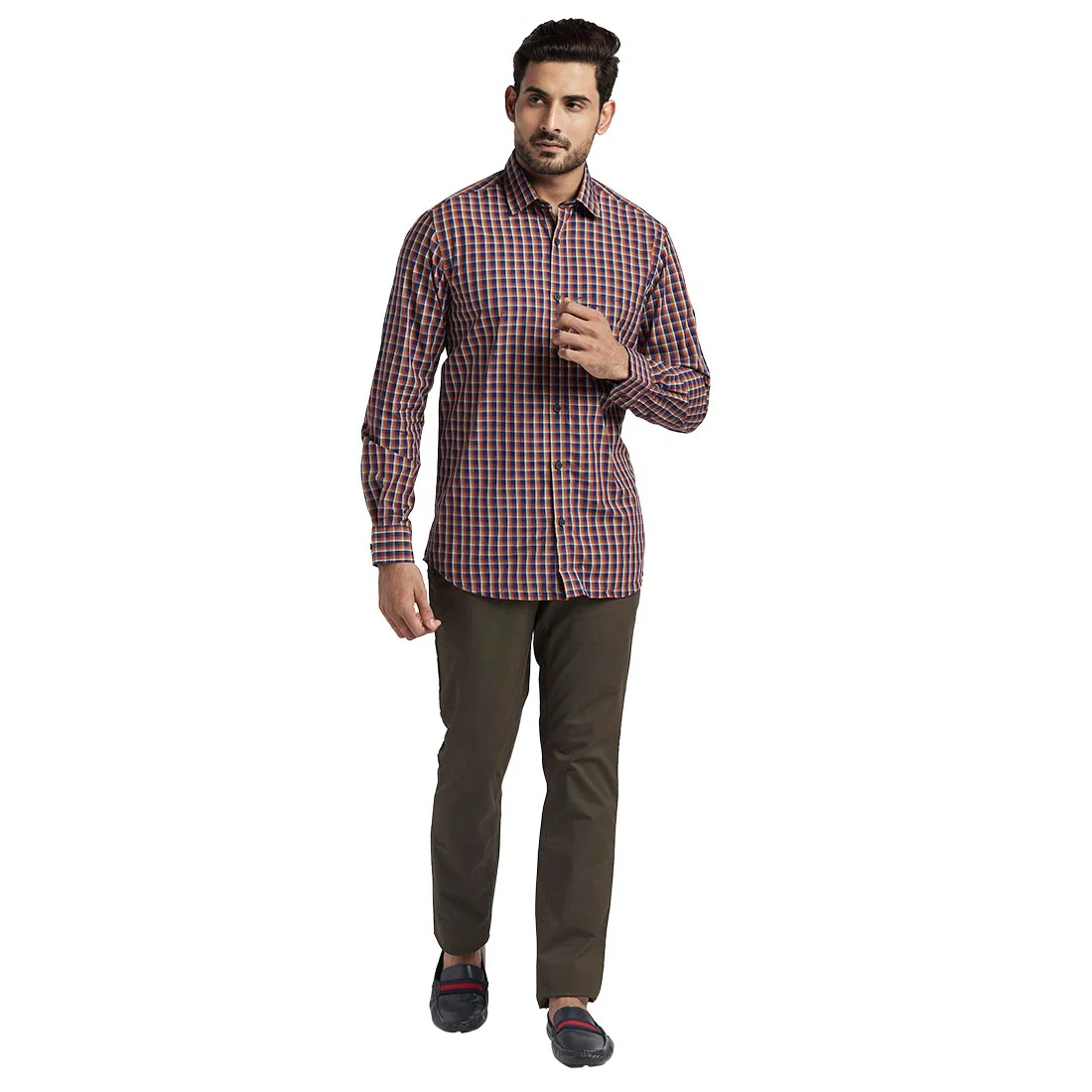 Men Orange Tailored Fit Checks Cotton Full Sleeve Shirts - Image 5