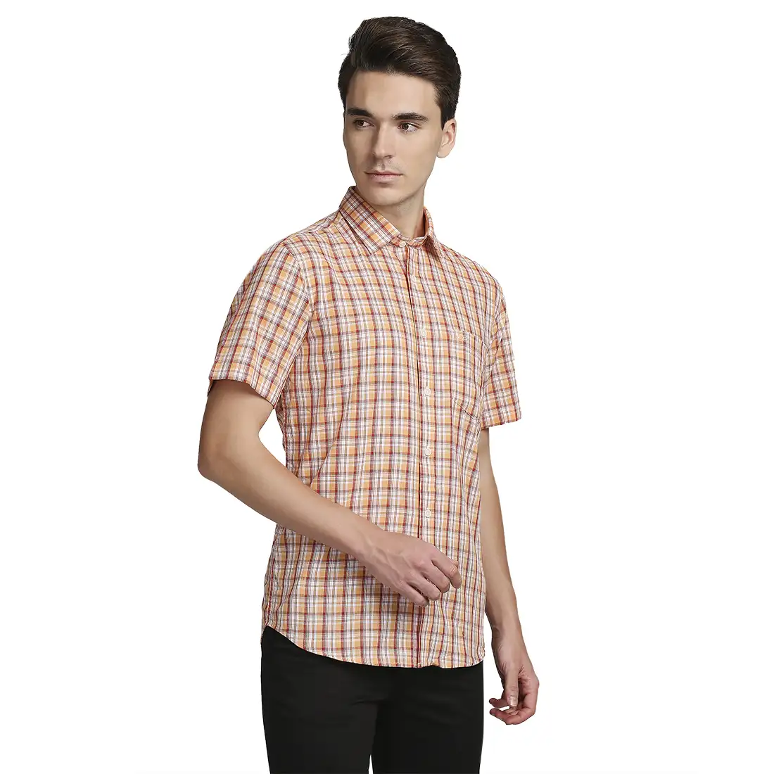 Men Orange Tailored Fit Checks Cotton Half Sleeve Shirts - Image 2