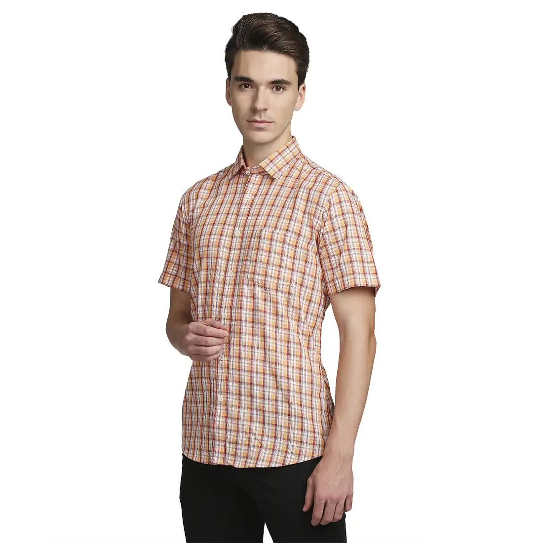 Men Orange Tailored Fit Checks Cotton Half Sleeve Shirts - Image 3