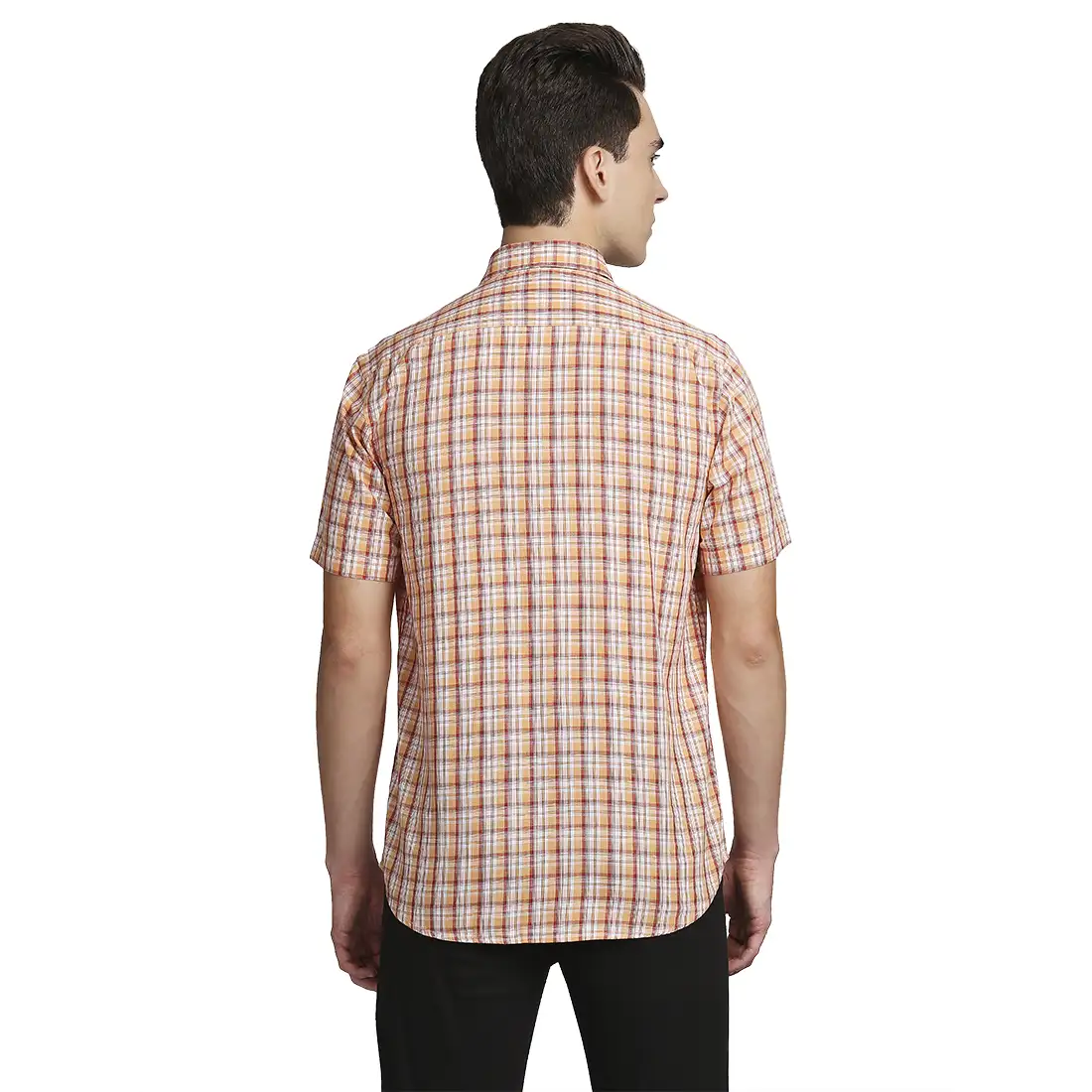 Men Orange Tailored Fit Checks Cotton Half Sleeve Shirts - Image 4