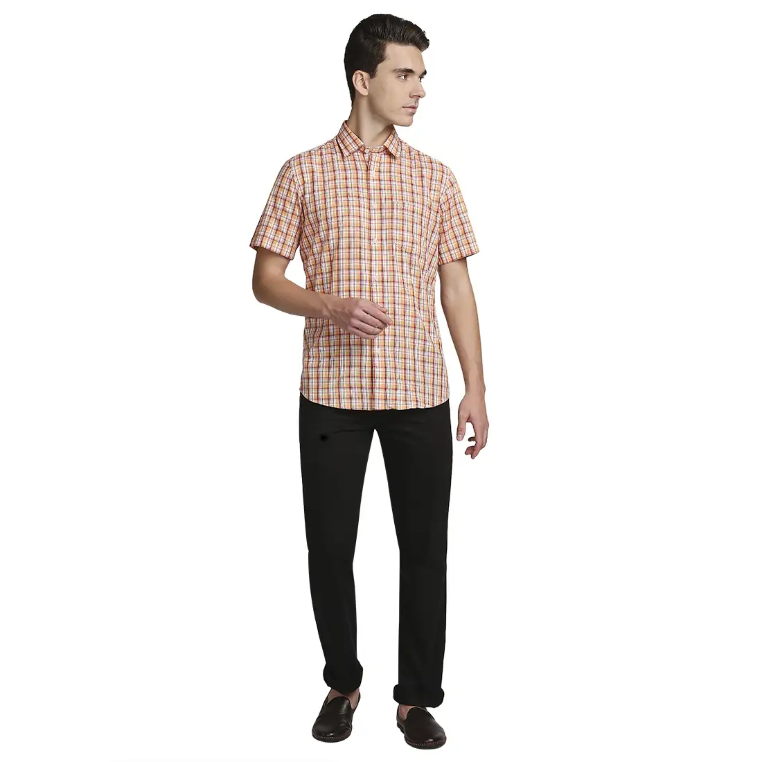 Men Orange Tailored Fit Checks Cotton Half Sleeve Shirts - Image 5