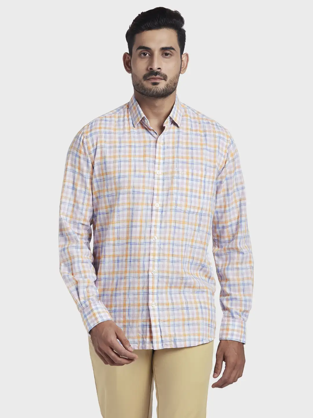 Men Orange Tailored Fit Checks Lyocell Blend Full Sleeve Shirts