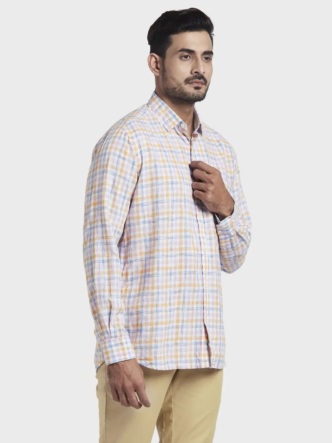 Men Orange Tailored Fit Checks Lyocell Blend Full Sleeve Shirts - Image 2