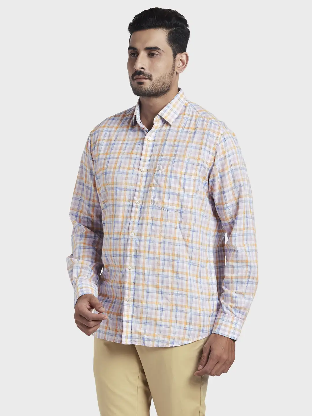Men Orange Tailored Fit Checks Lyocell Blend Full Sleeve Shirts - Image 3