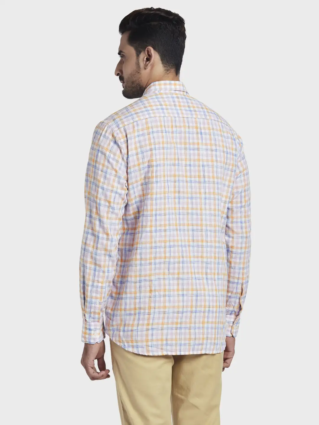 Men Orange Tailored Fit Checks Lyocell Blend Full Sleeve Shirts - Image 4