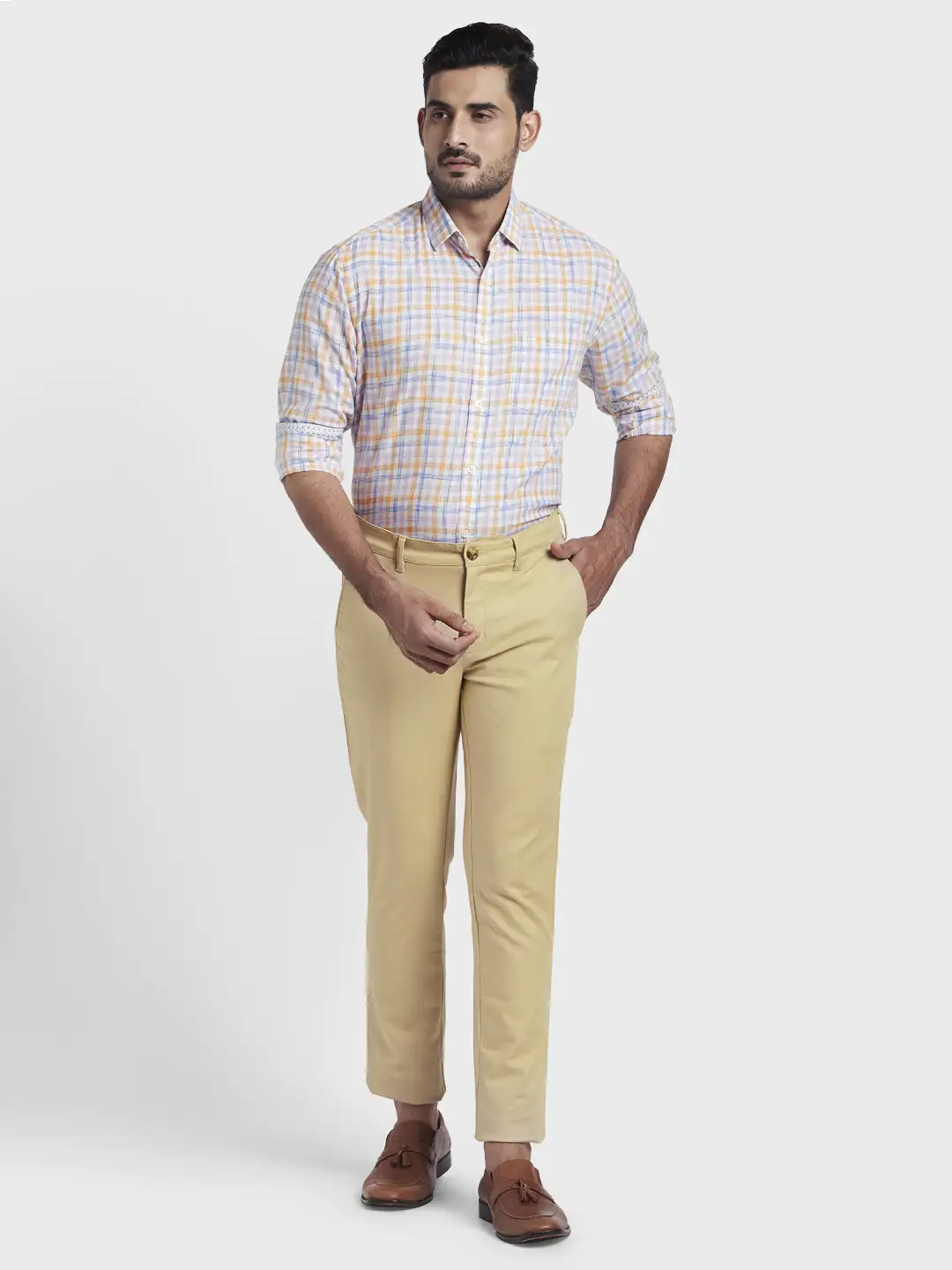 Men Orange Tailored Fit Checks Lyocell Blend Full Sleeve Shirts - Image 5