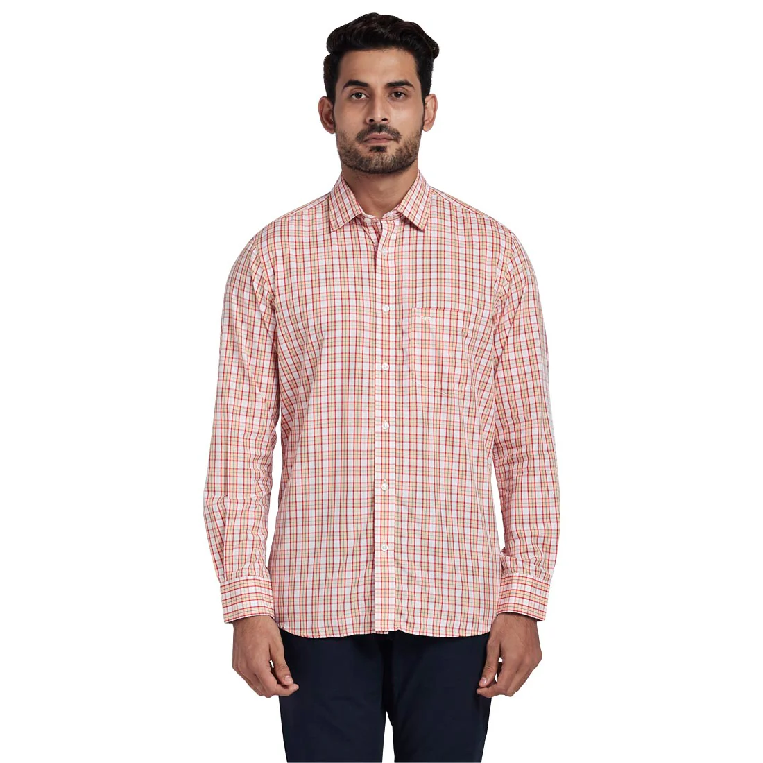 Men Orange Tailored Fit Checks Tencel Blend Full Sleeve Shirts