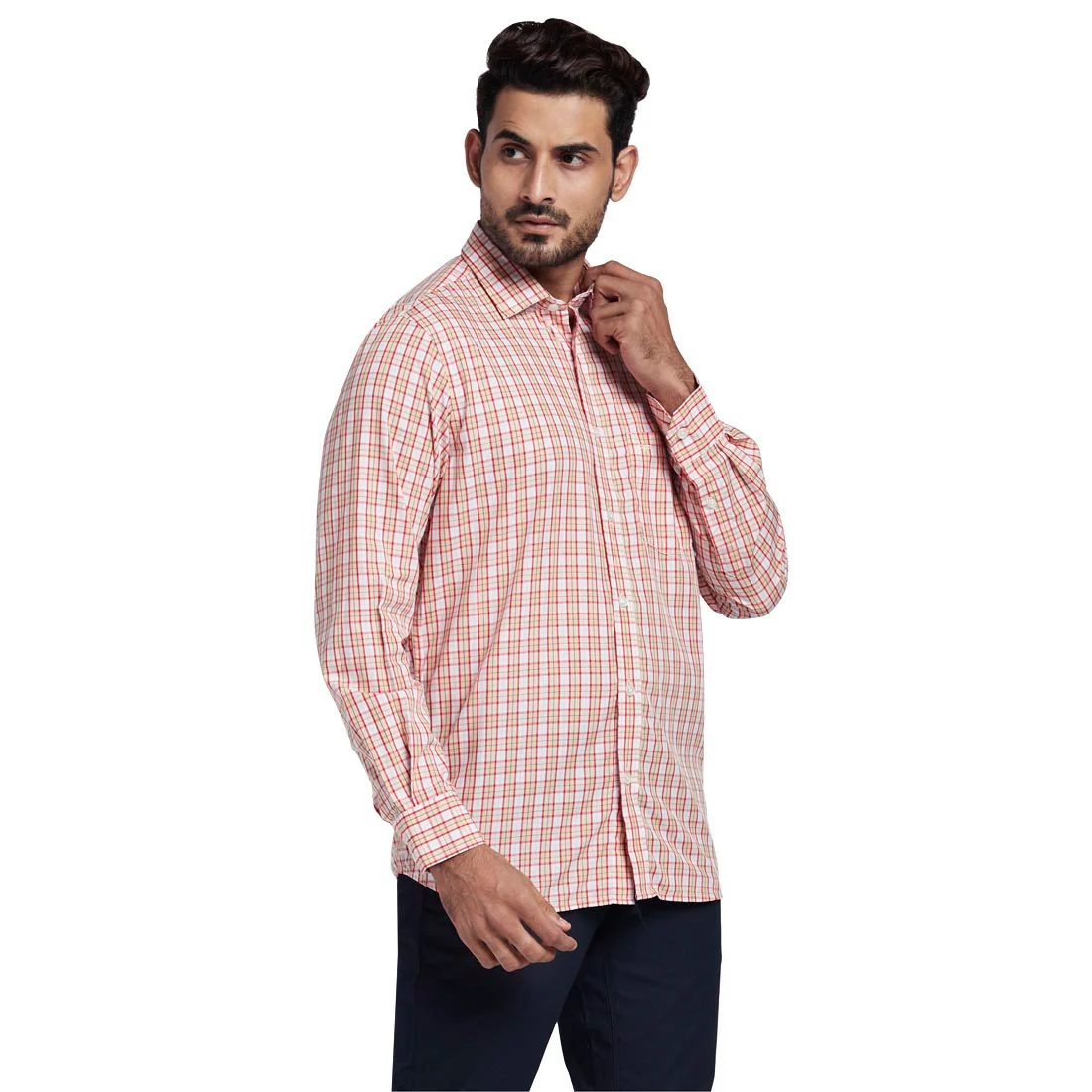 Men Orange Tailored Fit Checks Tencel Blend Full Sleeve Shirts - Image 2