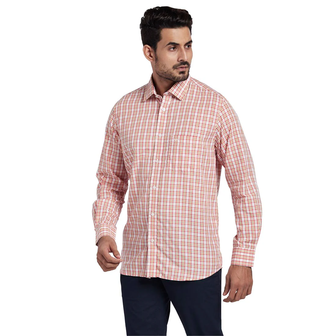 Men Orange Tailored Fit Checks Tencel Blend Full Sleeve Shirts - Image 3