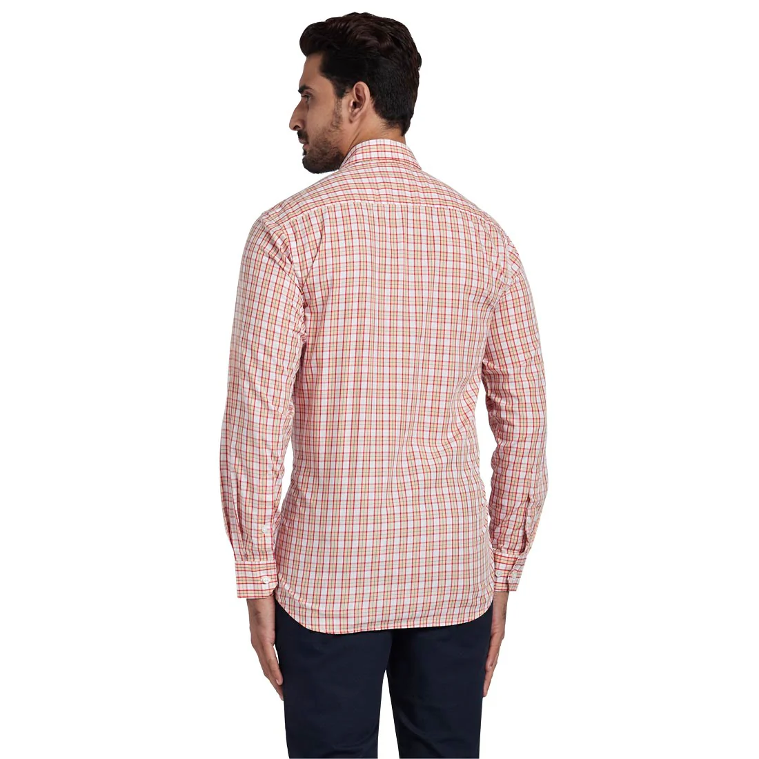 Men Orange Tailored Fit Checks Tencel Blend Full Sleeve Shirts - Image 4