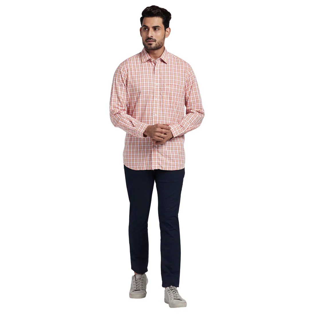 Men Orange Tailored Fit Checks Tencel Blend Full Sleeve Shirts - Image 5