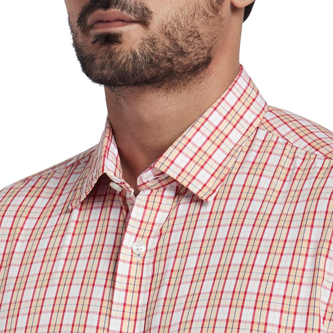 Men Orange Tailored Fit Checks Tencel Blend Full Sleeve Shirts - Image 6