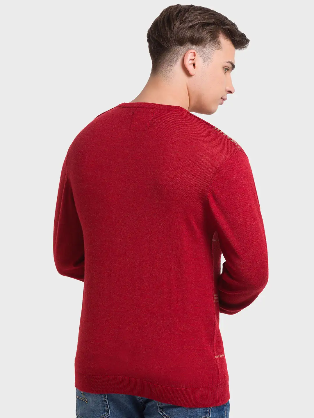 Men Orange Tailored Fit Jacquard Merino Wool Acrylic Blend Full Sleeve V Neck Collar Sweaters - Image 4