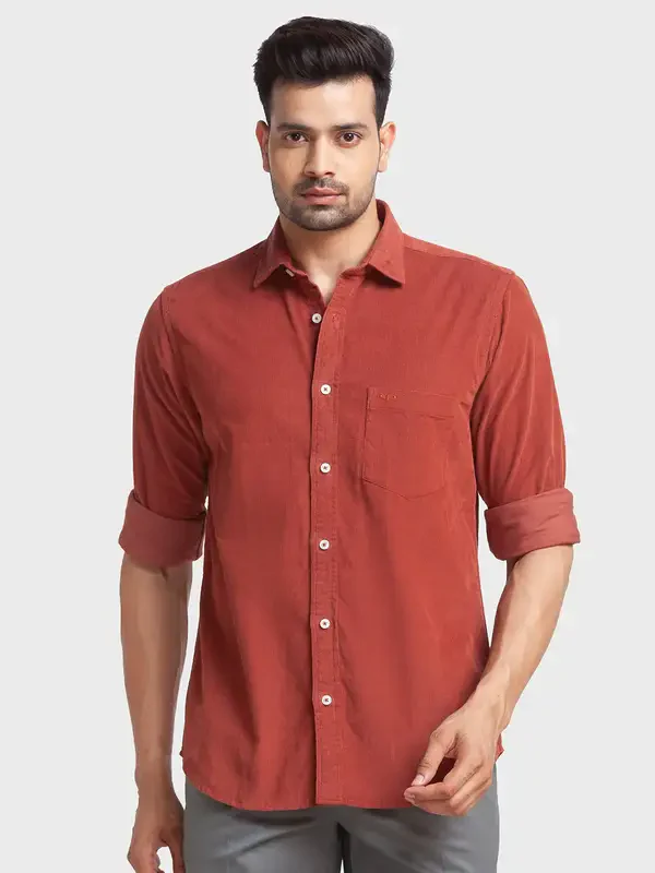Men Orange Tailored Fit Solid Cotton Full Sleeve Shirts