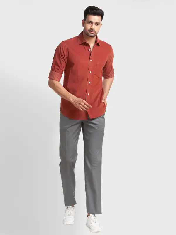 Men Orange Tailored Fit Solid Cotton Full Sleeve Shirts - Image 5