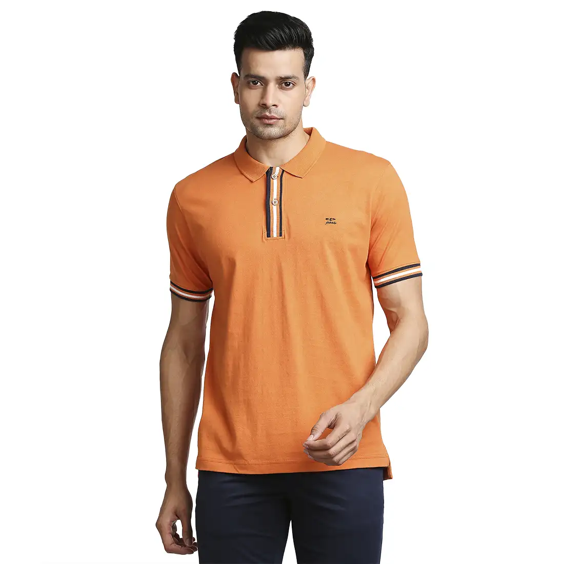 Men Orange Tailored Fit Solid Cotton Half Sleeve Round Neck Collar Polo T-Shirt